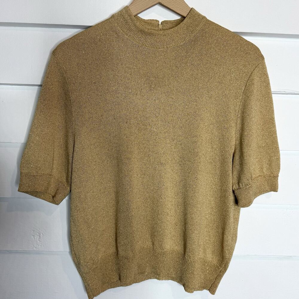 ST. JOHN Gold Metallic Knit Mock Neck Puff Short Sleeve Sweater Small